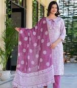 Dusky purple printed cotton suit set with mulmul dupatta