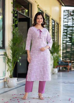 Dusky purple printed cotton suit set with mulmul dupatta 2