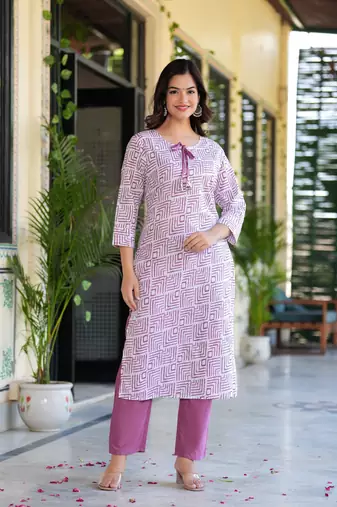 Dusky purple printed cotton suit set with mulmul dupatta