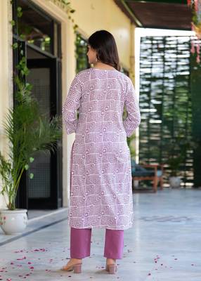 Dusky purple printed cotton suit set with mulmul dupatta 3