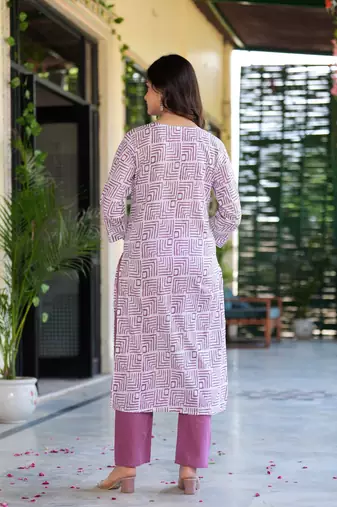 Dusky purple printed cotton suit set with mulmul dupatta