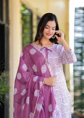 Dusky purple printed cotton suit set with mulmul dupatta 4