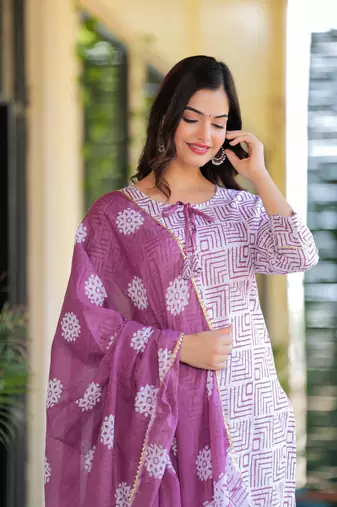 Dusky purple printed cotton suit set with mulmul dupatta