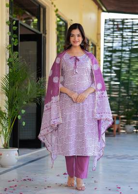 Dusky purple printed cotton suit set with mulmul dupatta 5