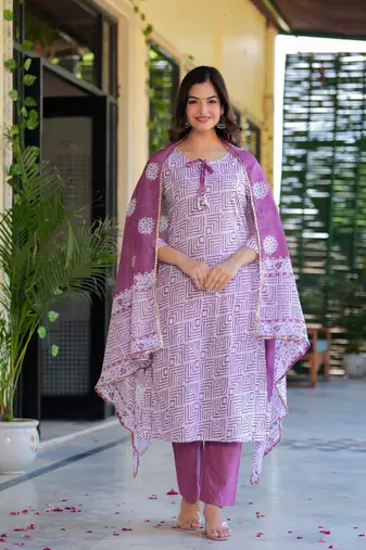 Dusky purple printed cotton suit set with mulmul dupatta