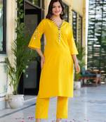 Yellow mirror work cotton kurta set