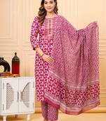 Blush red printed cotton suit set with mulmul dupatta