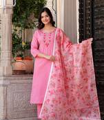 Peach embroidered katha cotton kurta set with dupatta