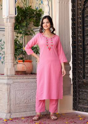 Peach embroidered katha cotton kurta set with dupatta 2