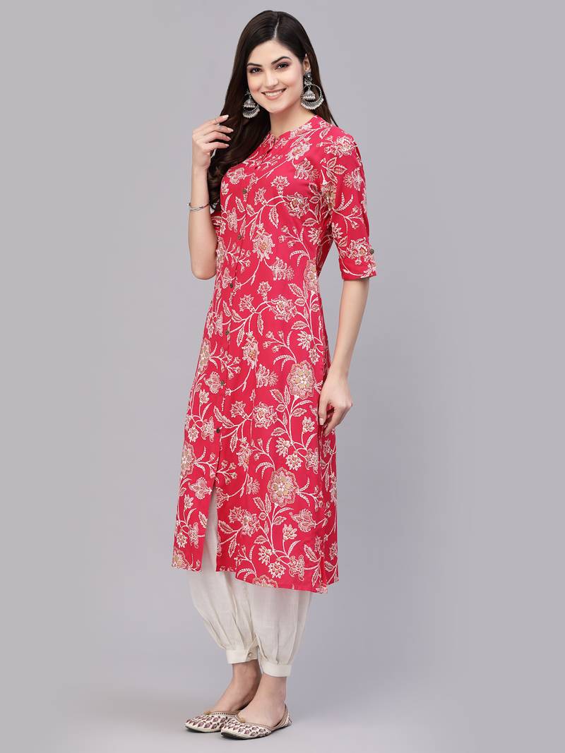 Women's Floral Print Rayon A-Line Kurta