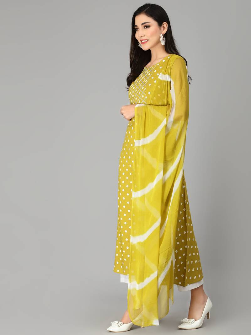 Women's Bandhej Printed A-Line Kurta with Dupatta