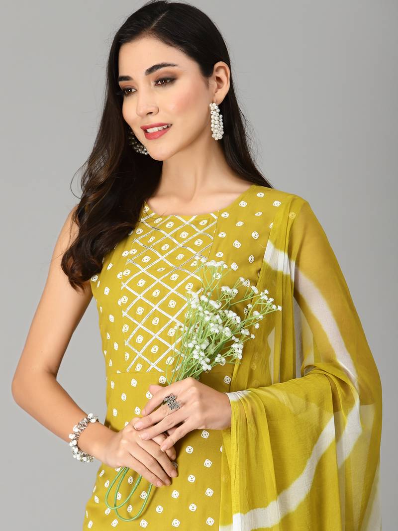 Women's Bandhej Printed A-Line Kurta with Dupatta