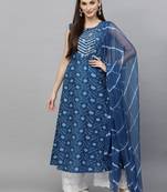 Women's Bandhej Printed Cotton Flared Kurta Dupatta Set