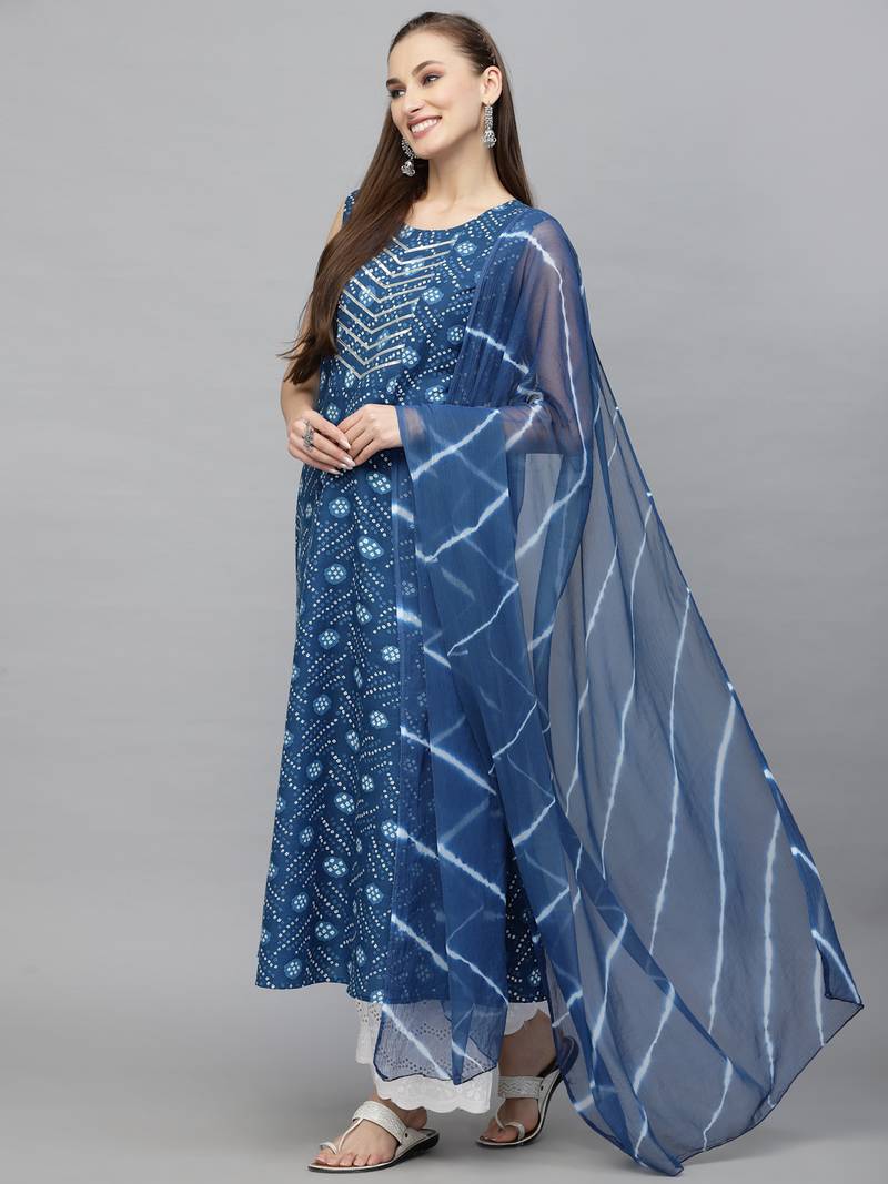 Women's Bandhej Printed Cotton Flared Kurta Dupatta Set