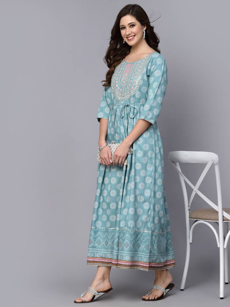 Women's Printed & Embroidered Rayon Flared Kurta