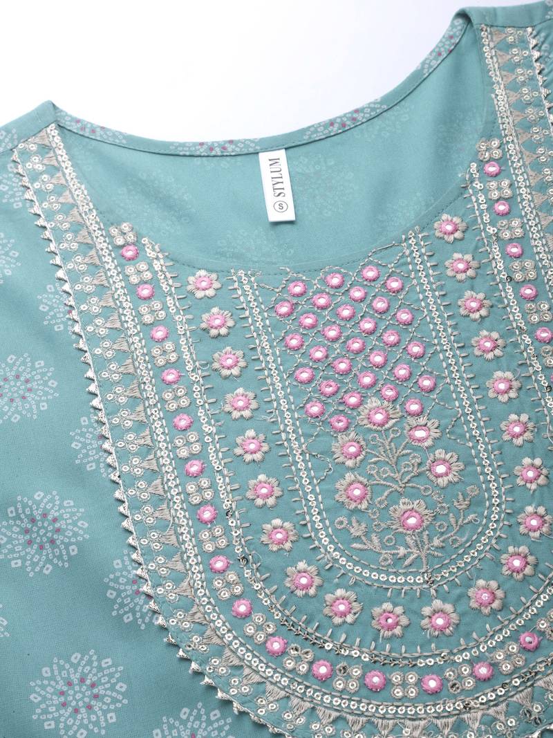 Women's Printed & Embroidered Rayon Flared Kurta