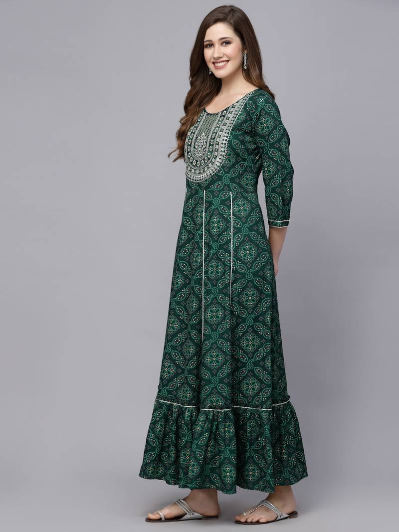 Women's Bandhani Printed & Embroidered Rayon Anarkali Kurta