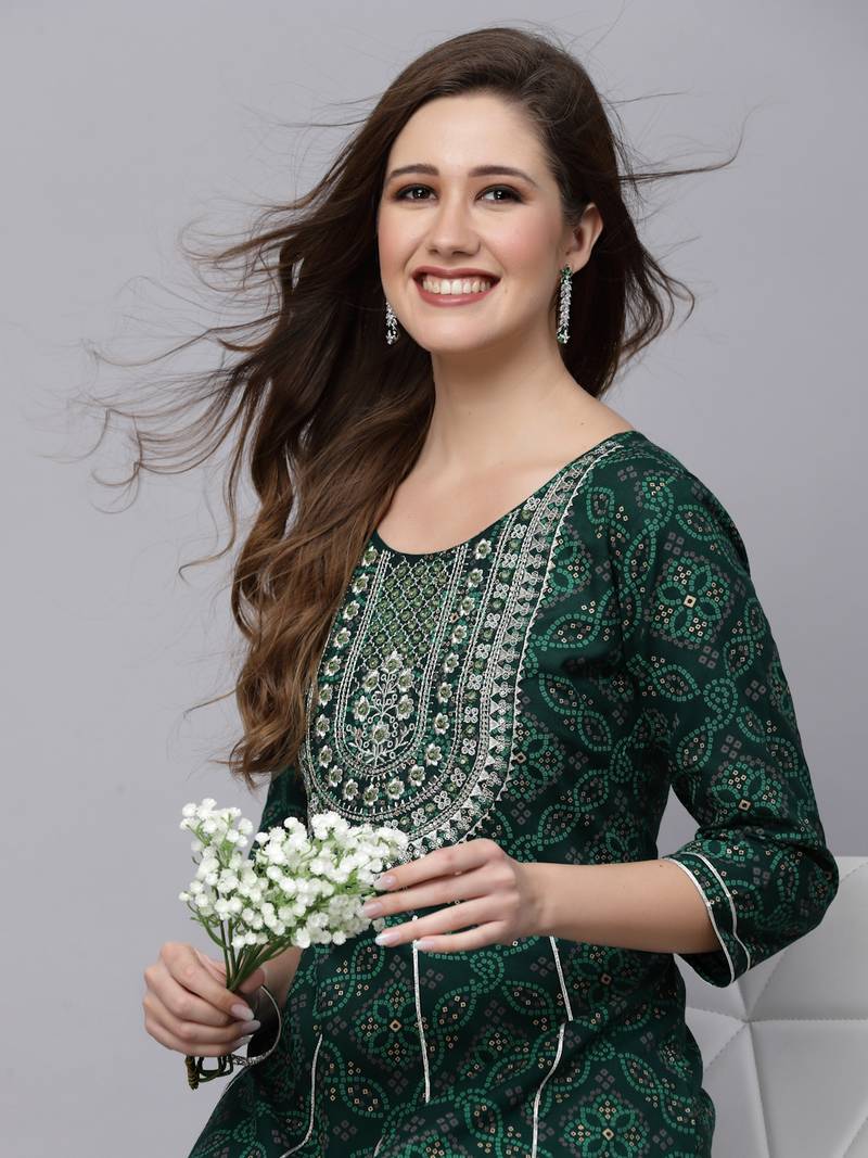 Women's Bandhani Printed & Embroidered Rayon Anarkali Kurta