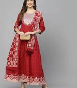 Women's Printed & Embroidered Cotton Anarkali kurta with Dupatta
