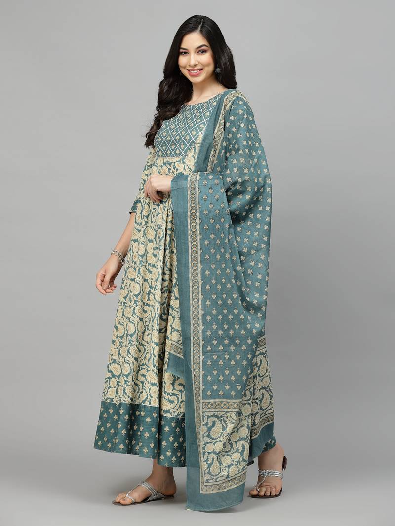 Stylum Women's Printed Cotton Anarkali Kurta with Dupatta