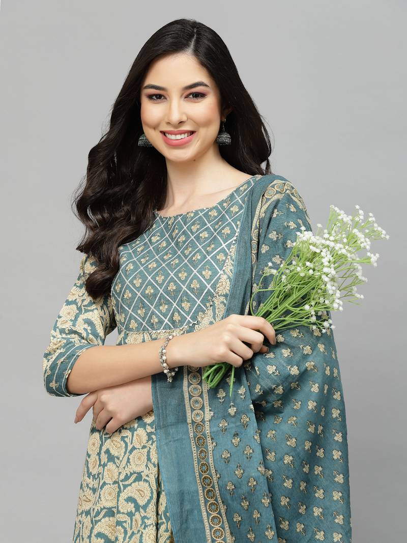 Stylum Women's Printed Cotton Anarkali Kurta with Dupatta