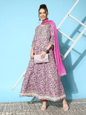 Stylum Women's Printed & Embroidered Cotton Blend Anarkali Kurta with Dupatta 1