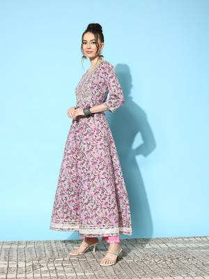 Stylum Women's Printed & Embroidered Cotton Blend Anarkali Kurta with Dupatta 3