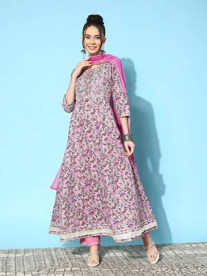 Stylum Women's Printed & Embroidered Cotton Blend Anarkali Kurta with Dupatta 4