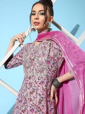 Stylum Women's Printed & Embroidered Cotton Blend Anarkali Kurta with Dupatta 5