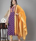 Women's Bandhej Printed Rayon A-Line Kurta with Dupatta