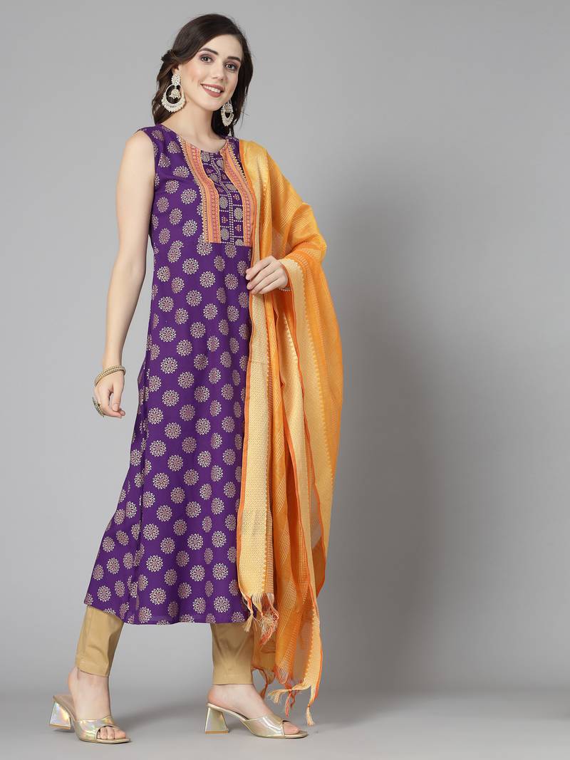 Women's Bandhej Printed Rayon A-Line Kurta with Dupatta