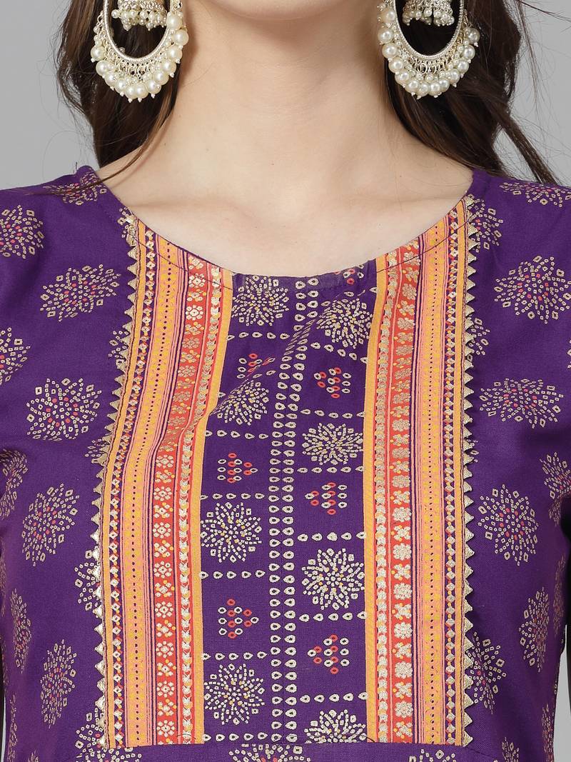 Women's Bandhej Printed Rayon A-Line Kurta with Dupatta
