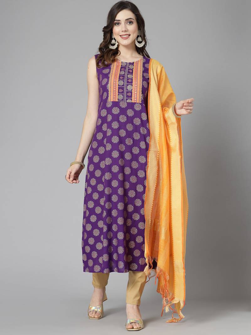 Women's Bandhej Printed Rayon A-Line Kurta with Dupatta
