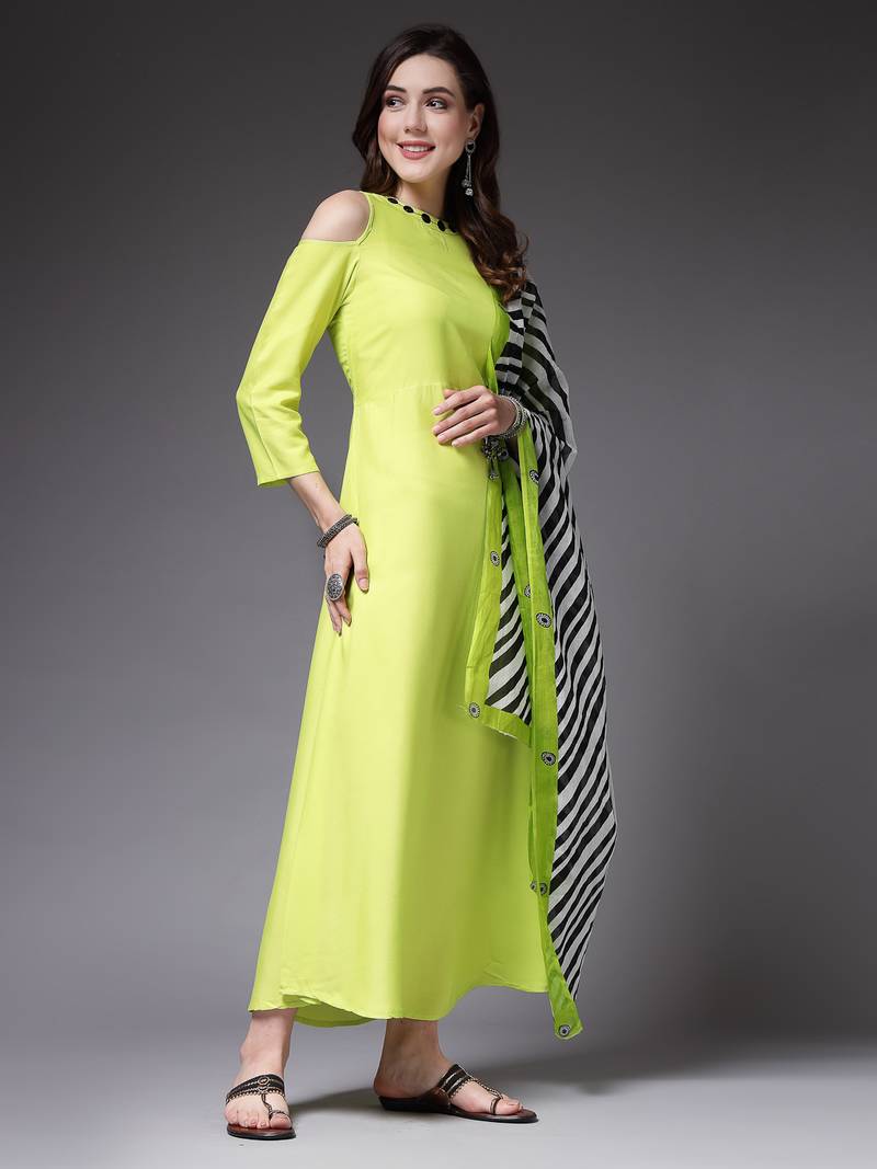 Women's Solid Rayon A-Line Kurta with Dupatta