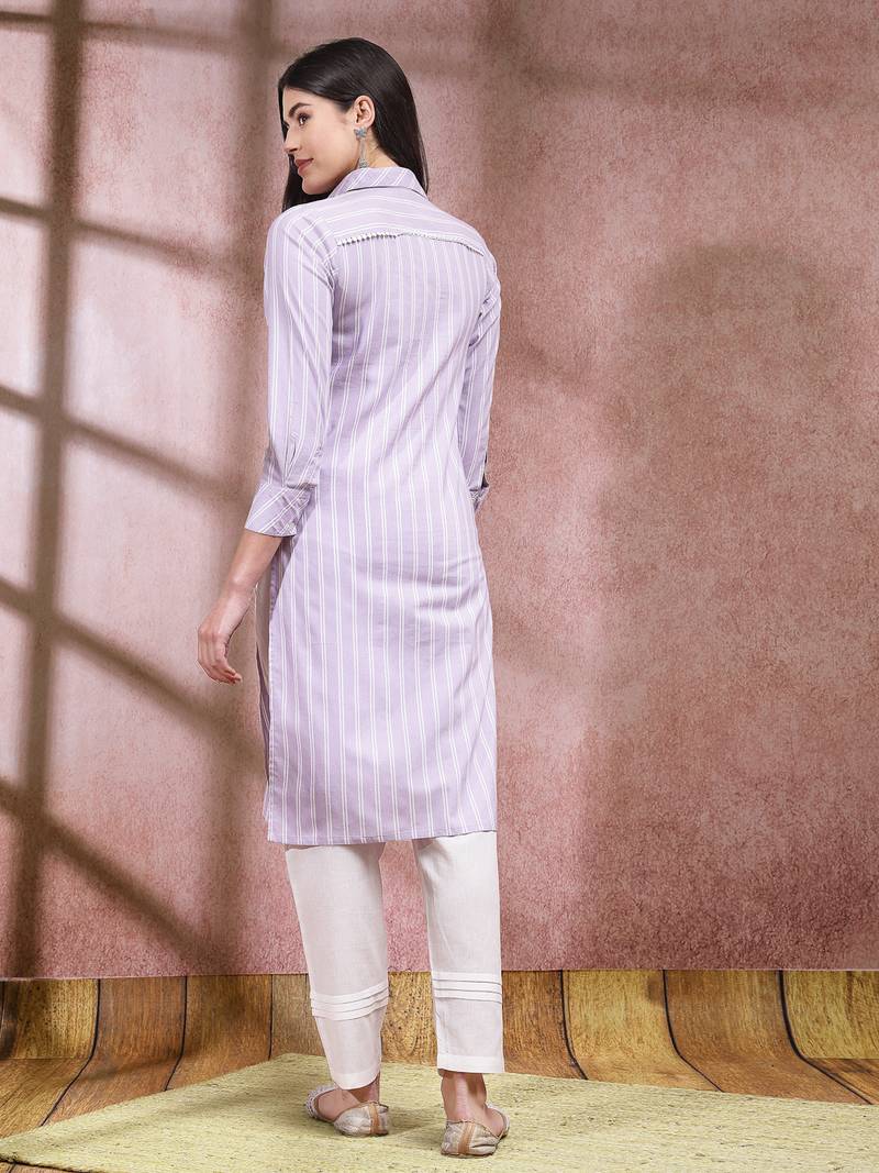 Women's Woven Striped Cotton Blend Straight Kurta