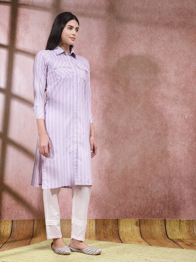 Women's Woven Striped Cotton Blend Straight Kurta