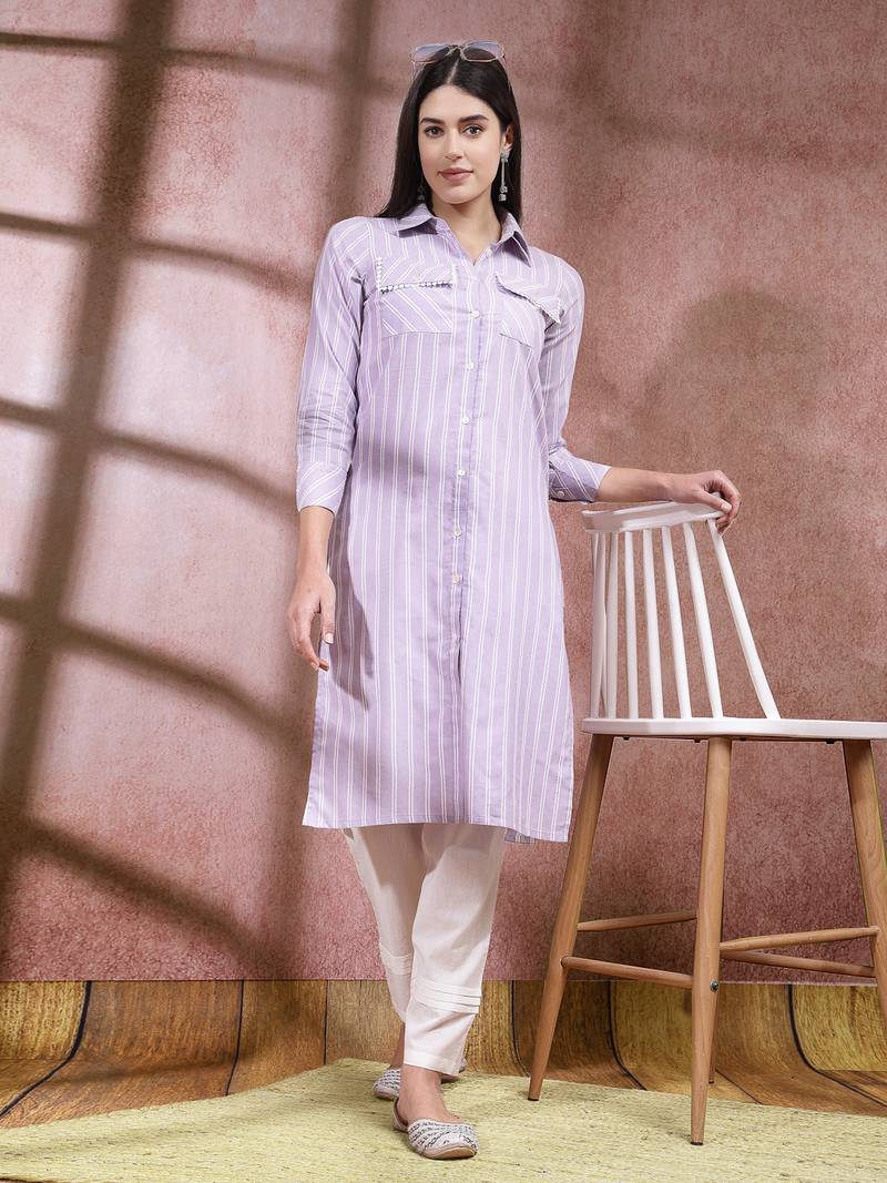Women's Woven Striped Cotton Blend Straight Kurta