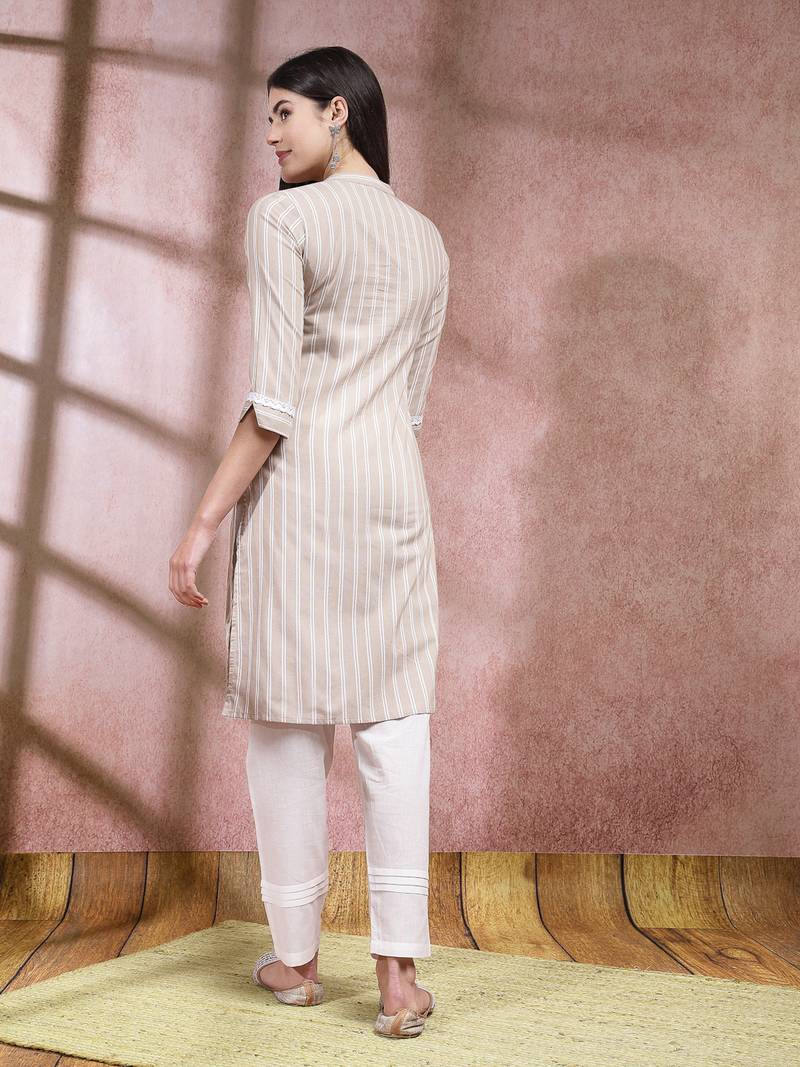 Women's Woven Striped Cotton Blend Straight Kurta