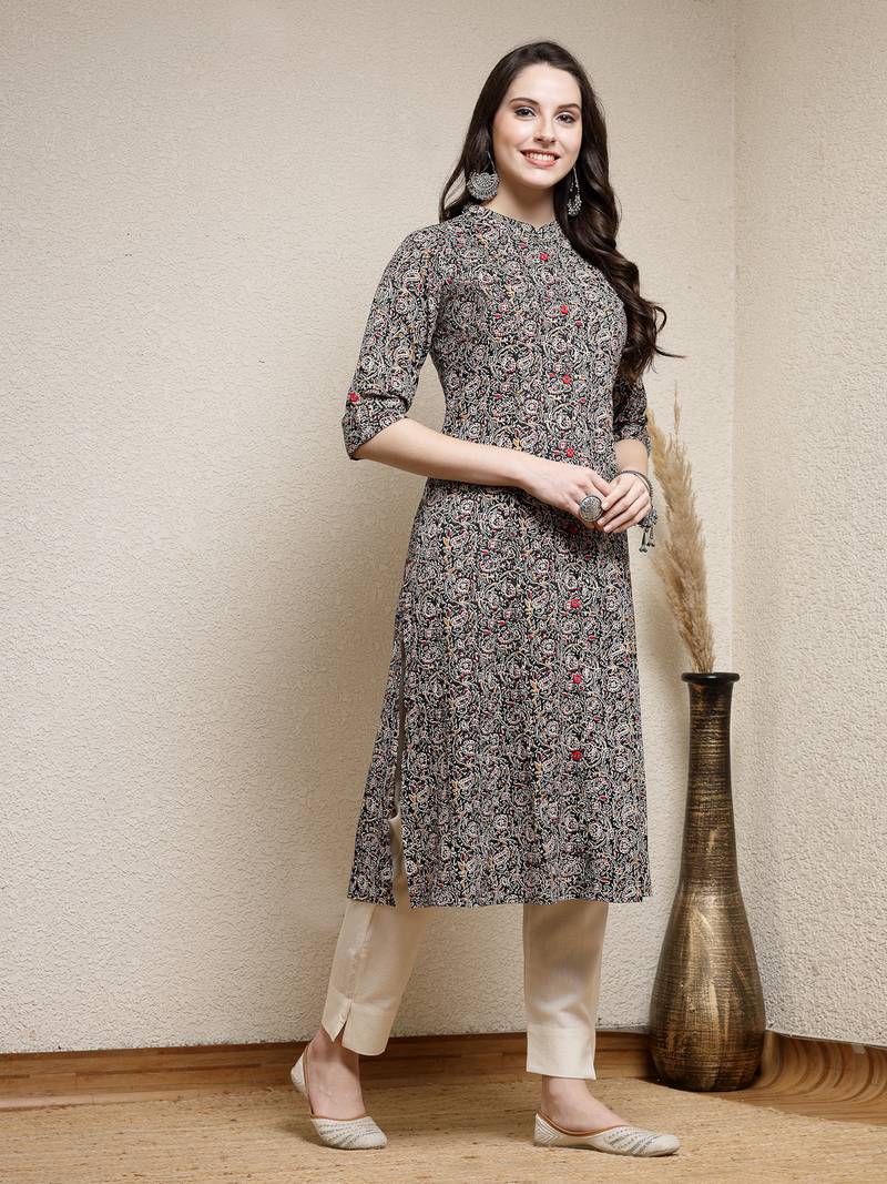 Women's Floral Printed Cotton A-Line Kurta