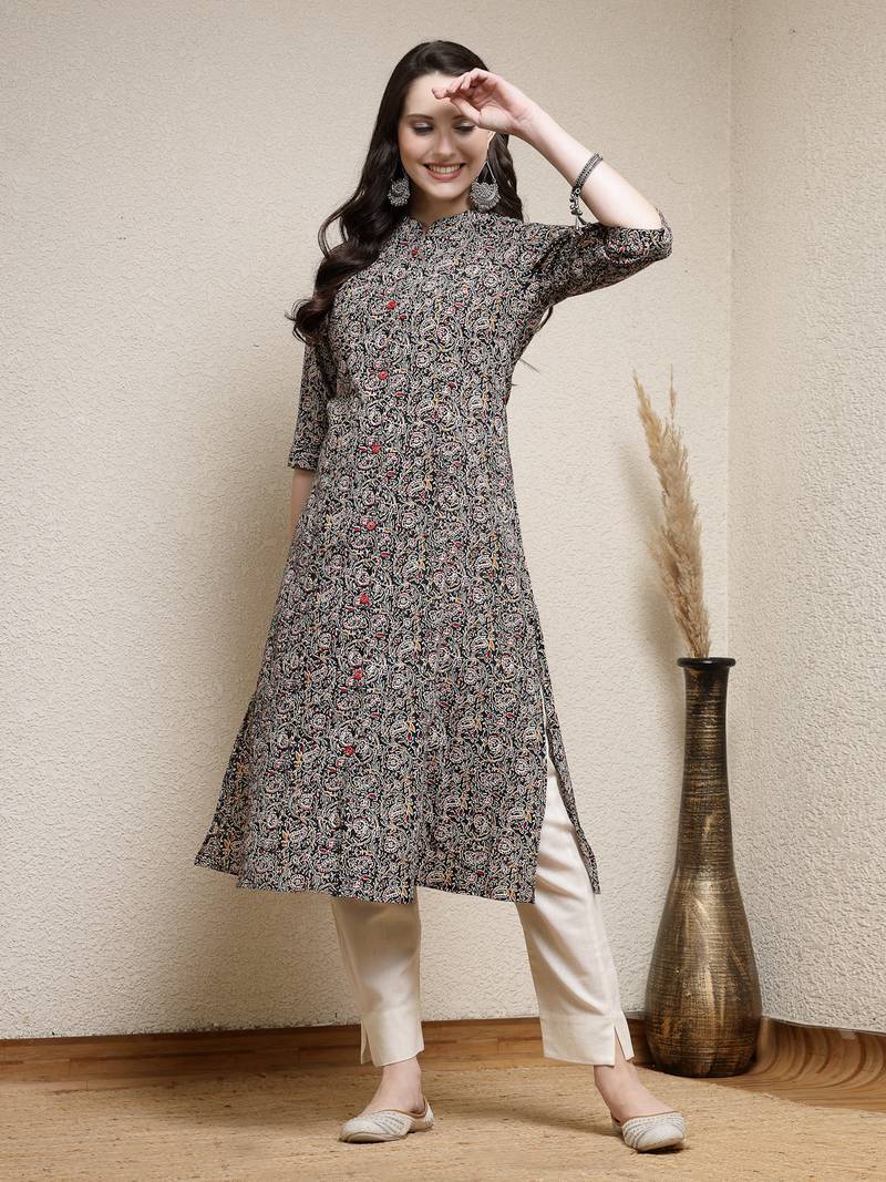 Women's Floral Printed Cotton A-Line Kurta