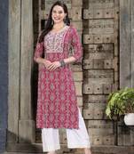 Women's Bandhej Printed & Embroidered Rayon Straight Kurta