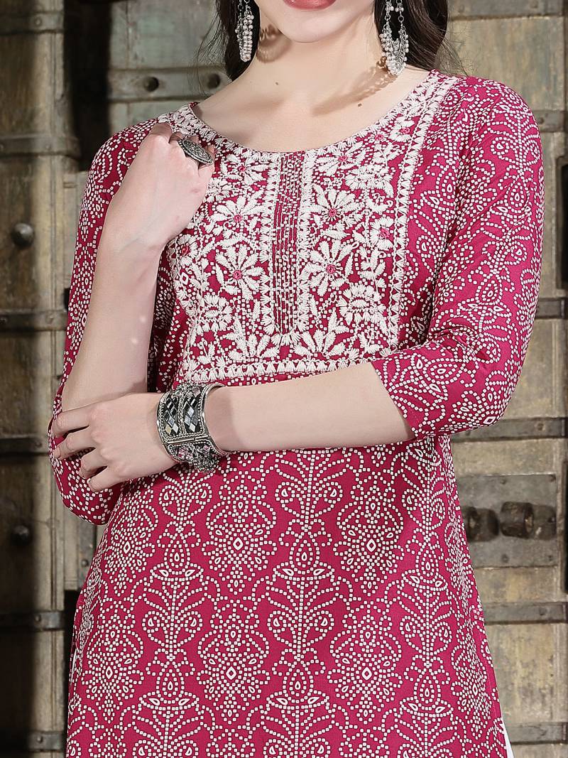 Women's Bandhej Printed & Embroidered Rayon Straight Kurta