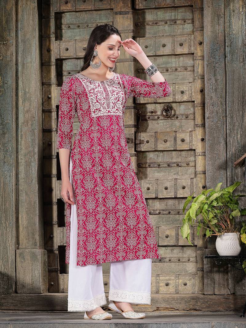 Women's Bandhej Printed & Embroidered Rayon Straight Kurta