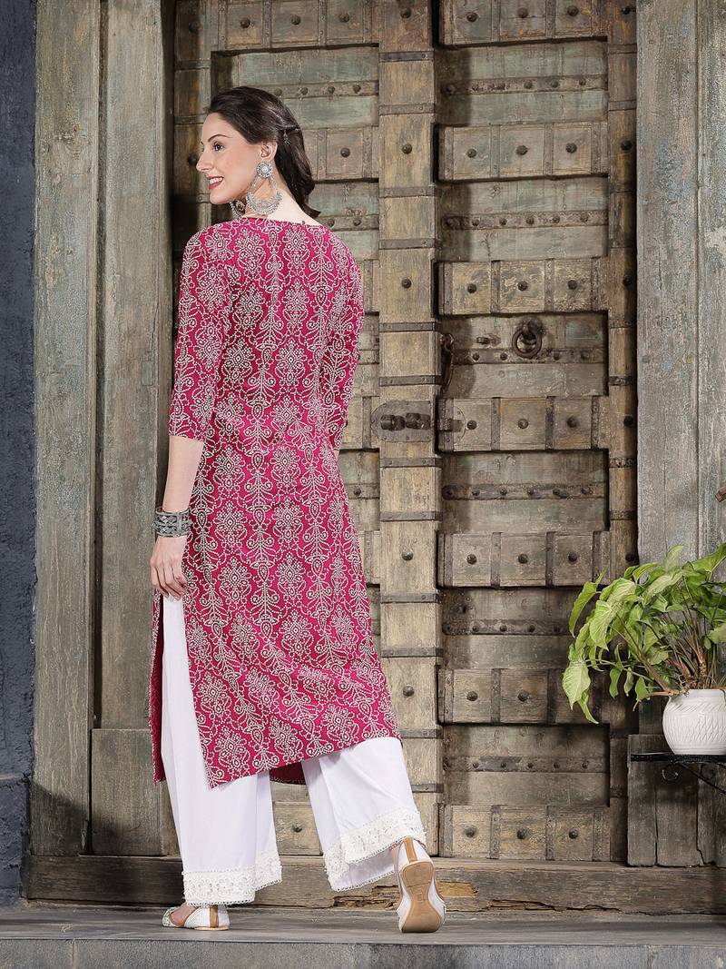 Women's Bandhej Printed & Embroidered Rayon Straight Kurta