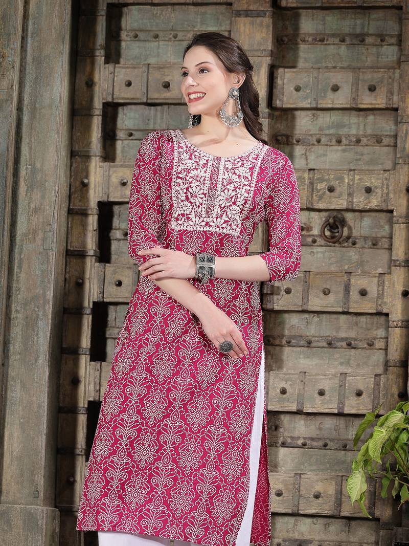 Women's Bandhej Printed & Embroidered Rayon Straight Kurta