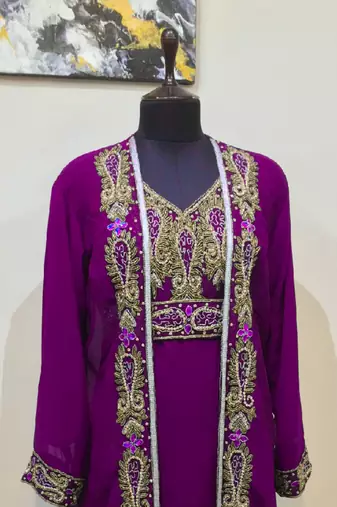 Wine color Full Sleeves Handmade Two Piece Jacket Style Moroccan Kaftan