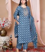Blush blue printed cotton suit set with mulmul dupatta