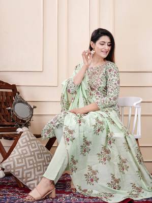 Tealish green embellished cotton suit set with dupatta 1