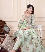 Tealish green embellished cotton suit set with dupatta