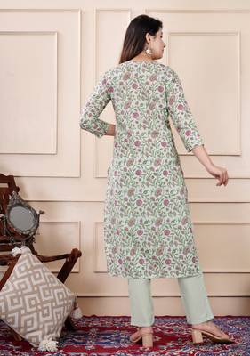 Tealish green embellished cotton suit set with dupatta 2